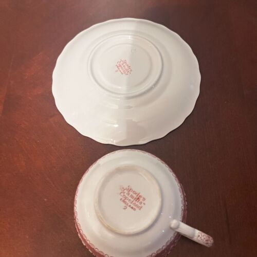 Spodes Camilla Copeland England pink Transferware Tea Cup & Saucer Set of 4 - Picture 17 of 18
