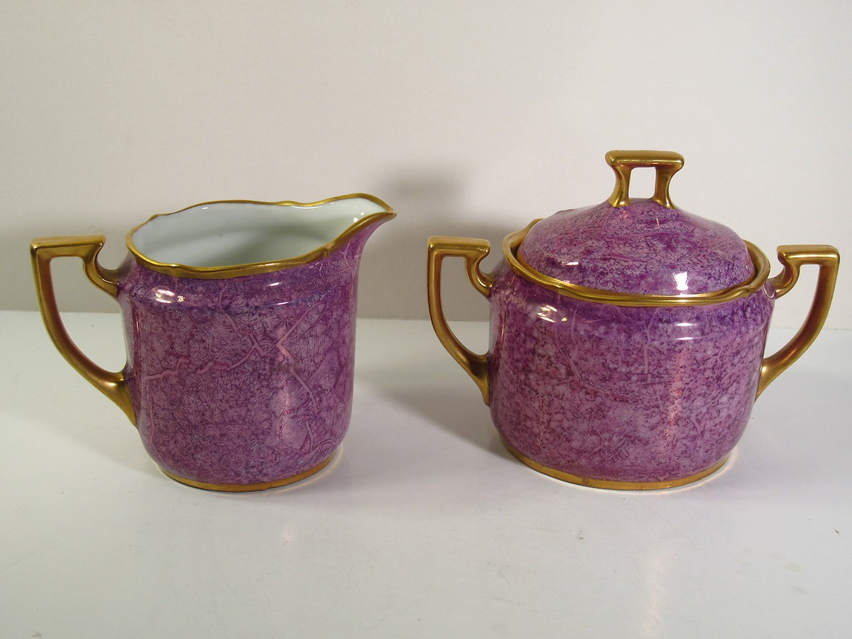 PICKARD HAND PAINTED PORCELAIN 1930-1938 MARK-CREAMER SUGAR SET PURPLE  LUSTRE
