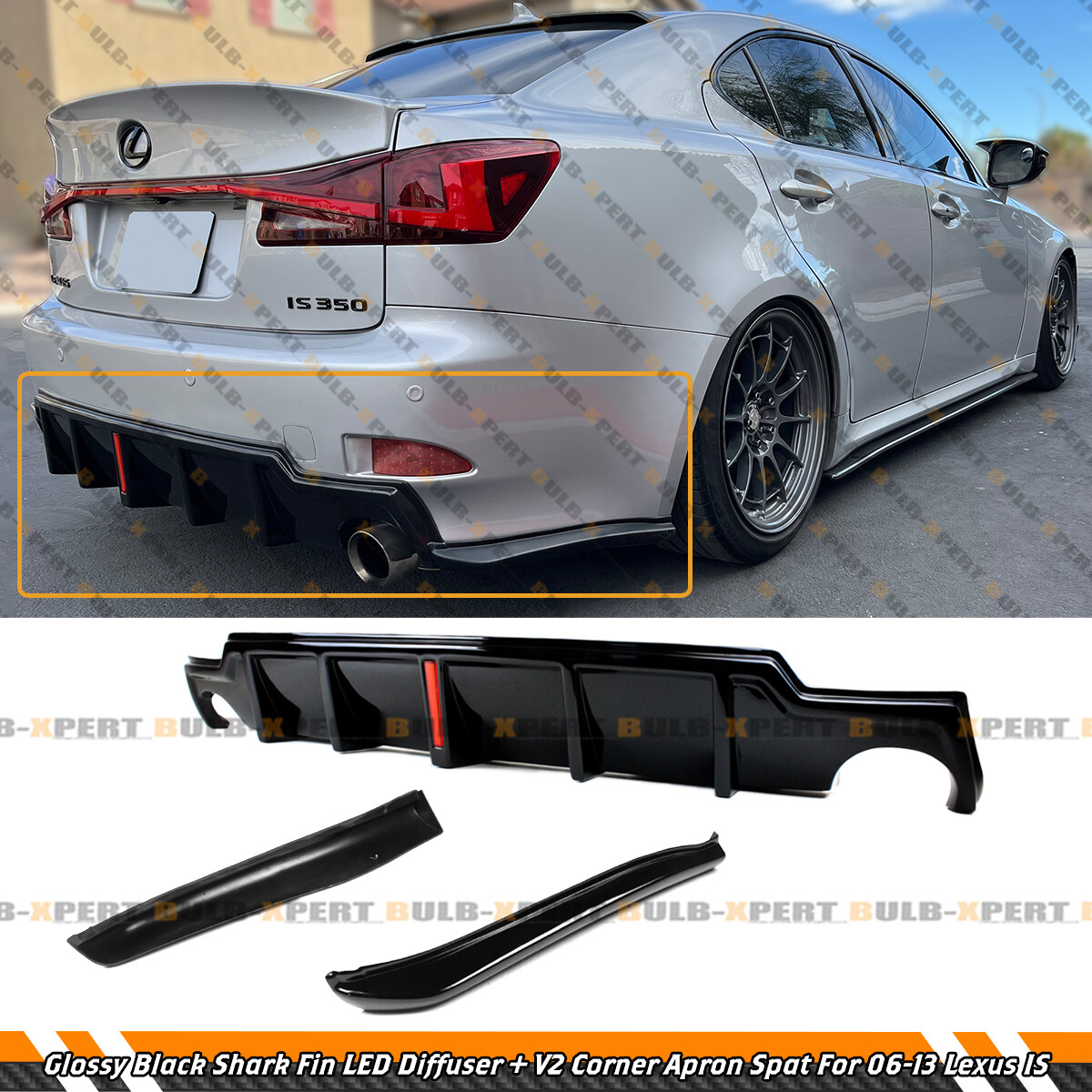 For 06-13 Lexus IS250 IS350 Gloss Blk LED Rear Bumper Diffuser +