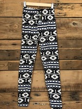 Women s Leggings OS Black Blue Tribal Geometric Print Soft Stretch Pants NEW