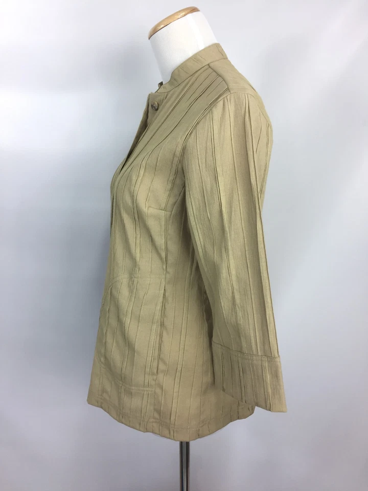 Citron Santa Monica Womens Top Bamboo Button Khaki Mandarin Collar Pleated PXS - Image 2 of 4