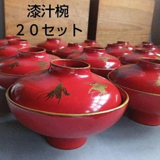 Antique Japanese Lacquer Soup Bowls 20 Set Wood Red Gold Crane Pine w/ Lids