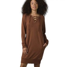 Prana Cozy Up Terry Dress in Roux Heather brown XS loungewear lace up knit Hemp
