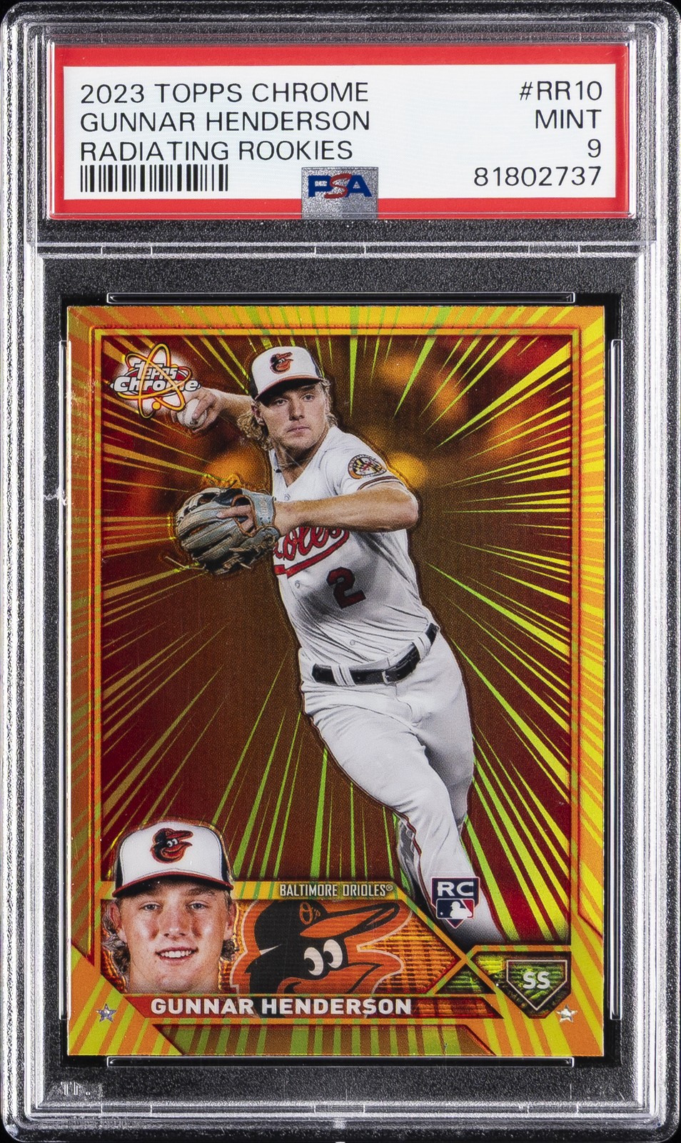 2023 TOPPS CHROME RADIATING ROOKIES #RR10 GUNNAR HENDERSON ROOKIE RC PSA 9 view 1