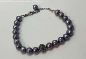 925 Sterling Vermeil Clasp Purple Pearl Beaded Thread Bracelet 19.6g