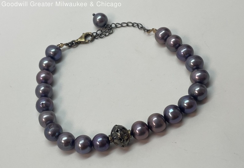 925 Sterling Vermeil Clasp Purple Pearl Beaded Thread Bracelet 19.6g