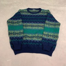 Vintage Abstract Knitted Jumper Patterned Grandad Knit Sweater Men's L