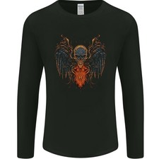 Gefallener Engel Totenkopf Demon Flügel Flammen Herren Langarm T-Shirt