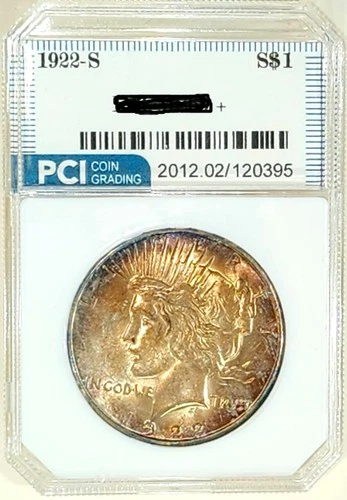 1922-S Rare Date  Peace Dollar Gem BU + Glistening Rainbow Color Toned