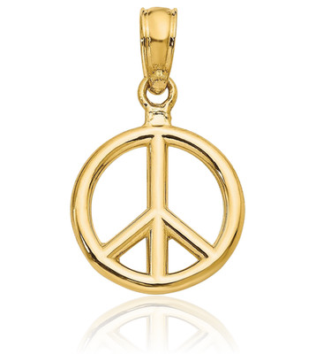 14K massives Gelbgold kleines Peace Zeichen Anhänger Halskette 15mm 5/8 Zoll poliert