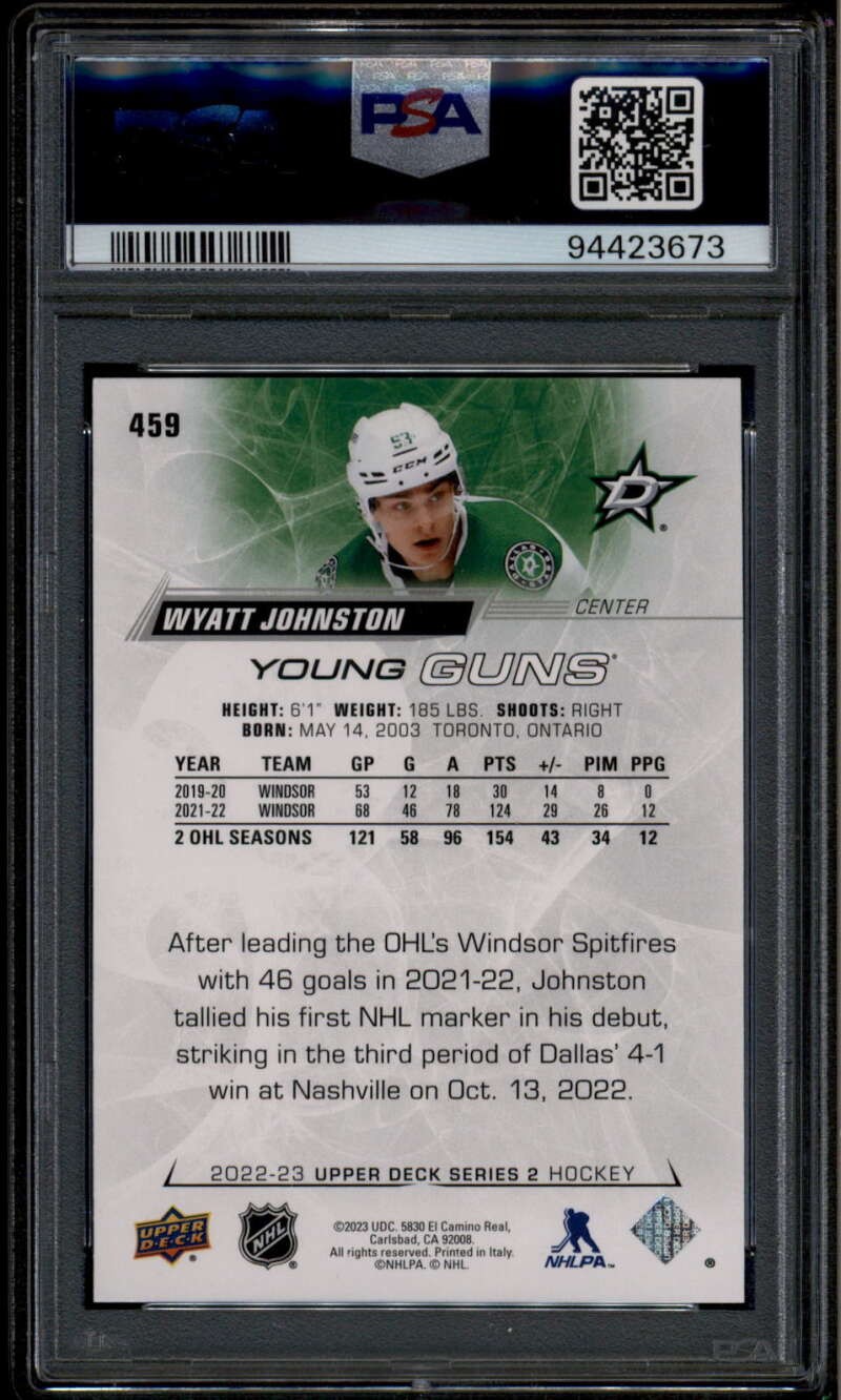 2022-23 Upper Deck 459 Wyatt Johnston Rookie RC YG Young Guns PSA 9 MINT view 2