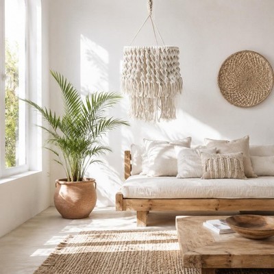 Boho Hängelampe handgefertigt Makramee-Hängeleuchte Fransen-Design
