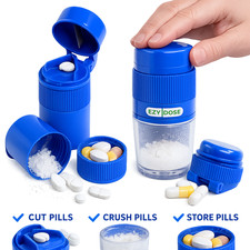 EZY DOSE Pill Crusher Cutter Grinder 3 Compartment Storage Cup BPA Free Blue