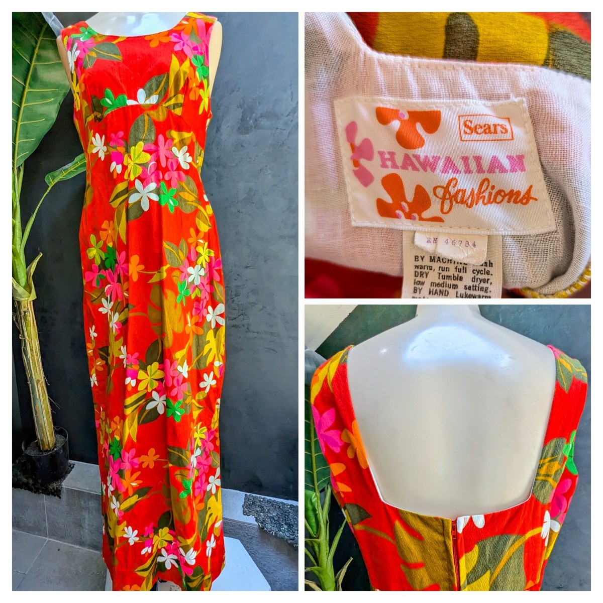 Vtg 60s 70s Sears Hawaiian Fashions Muumuu Dress M Orange 