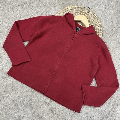 Eileen Fisher Cardigan Nubby Knit Sweater Hooded Front Zip Longsleeve in  Red M