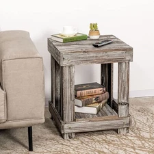 Rustic Torched Wood 2-Tier Accent End Table with Bottom Storage Shelf, End Table