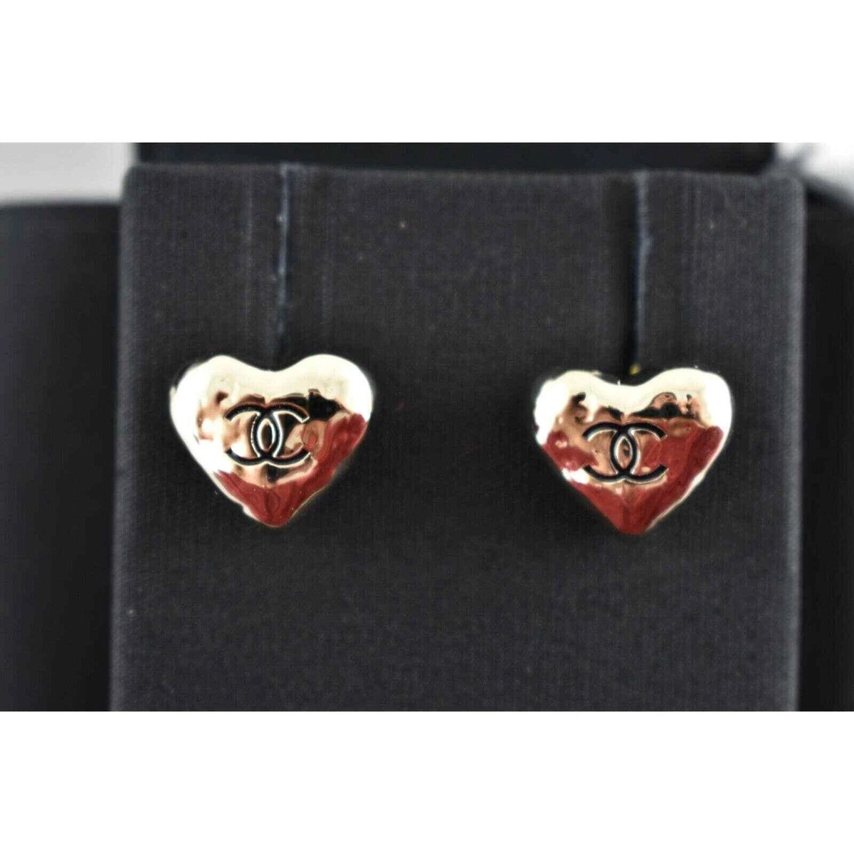 Chanel 22C Heart Shape Gold Black CC Interlocking Logo Statement Stud  Earrings