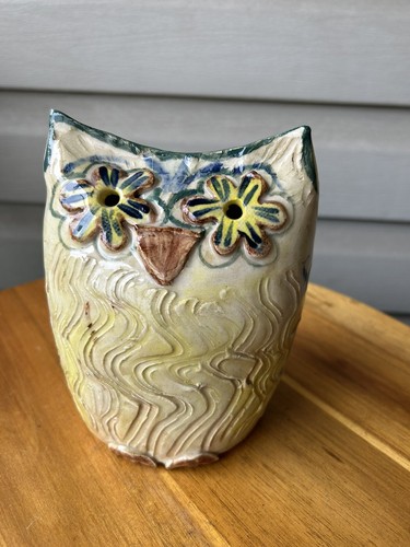 Owl Etched Flowers Swirls Whimsical Art Pottery Luminary Figurine 6"