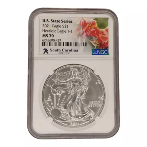 2021 SILVER EAGLE HERALDIC  T-1  NGC MS70 SOUTH CAROLINA U.S. STATE SERIES 2A