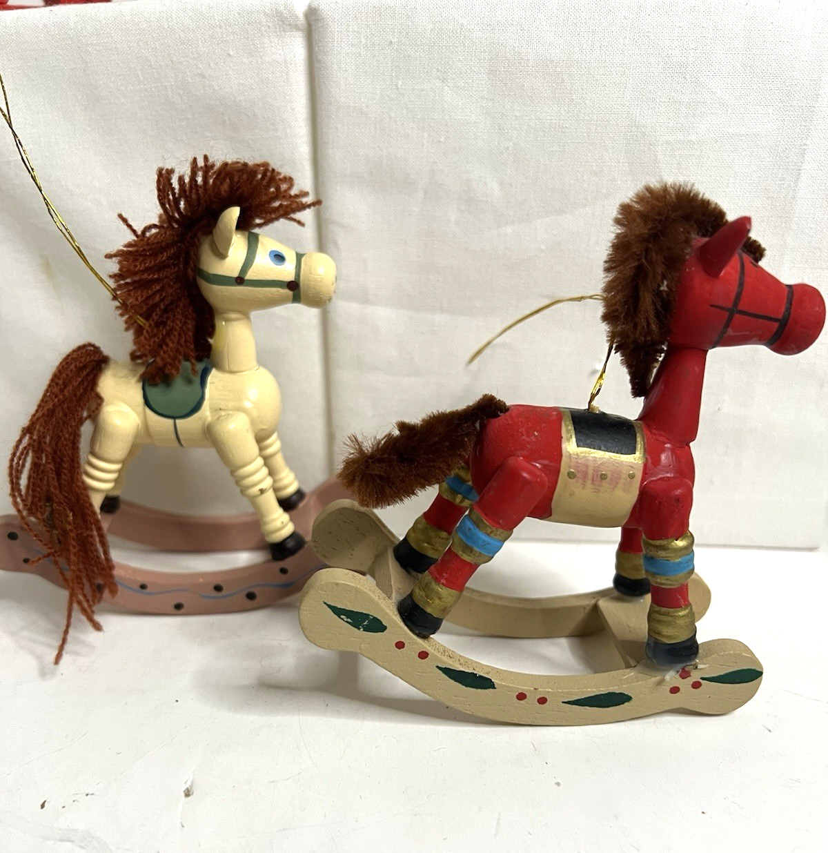 7 Vintage Russ Berrie & Co. Wood Christmas Ornaments Sled, Balloon, Horse, Train