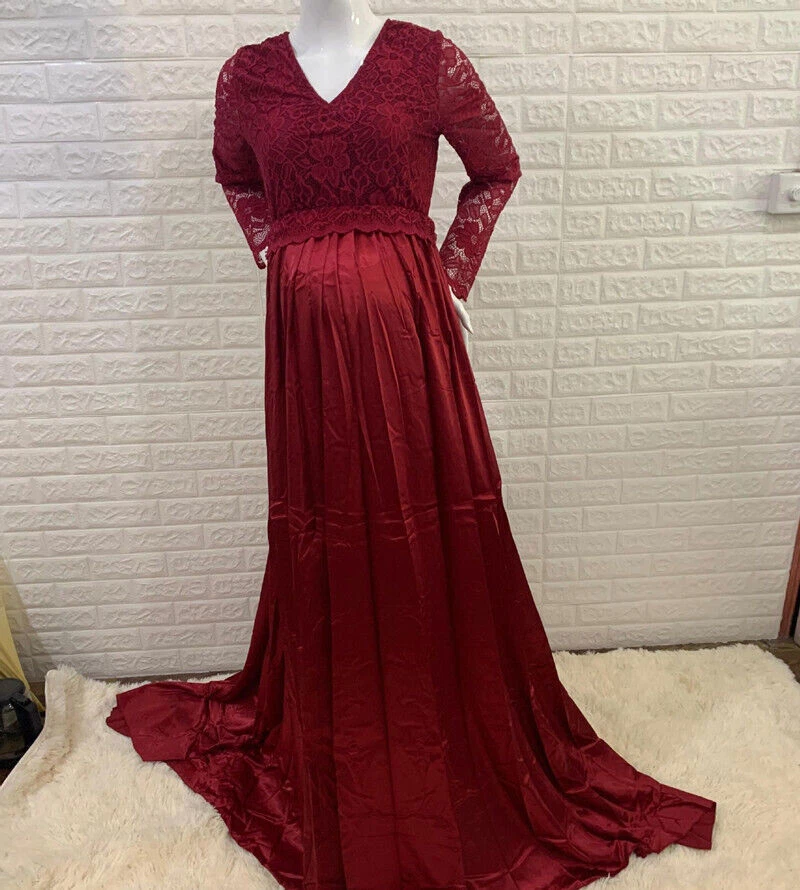 Maternity Baby Shower Dress V-Neck Long Sleeves Lace Chiffon Maxi Gown Pregnant - Image 3 of 4