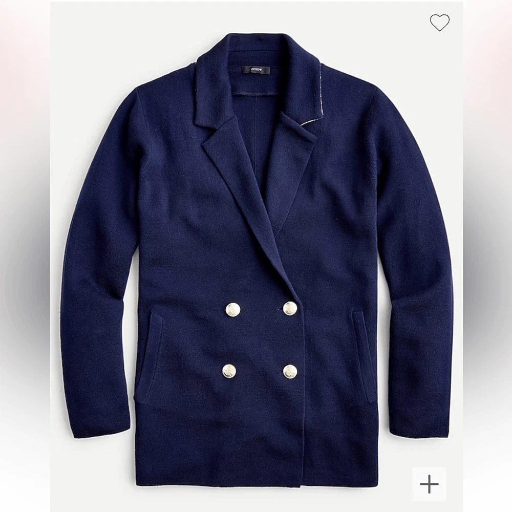 J Crew Navy Blue Double Breasted Gold Button Sweater Blazer | L