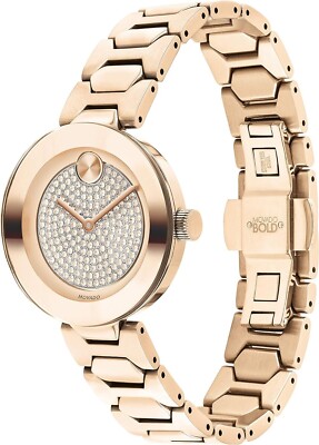 Movado Bold Crystal Pave Rose Gold Tone Bracelet 32mm Trend Watch