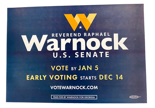 Official Raphael Warnock 2020 Georgia US Senate Runoff Campaign Sign 20" X 14" - Picture 2 of 3