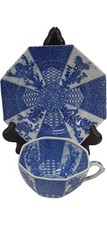 Blue White Porcelain Cup and Saucer Floral Pattern Japan Made - Z#4402