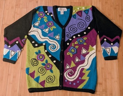 Vintage Side Effects Cardigan Sweater Women's Medium Abstract Floral Knit 80s...