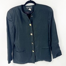   VINTAGE SAKS FIFTH AVE THE WORKS BLACK LINEN BLAZER WITH SHOULDER PADS SIZE 8