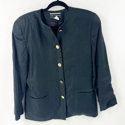   VINTAGE SAKS FIFTH AVE THE WORKS BLACK LINEN BLAZER WITH SHOULDER PADS SIZE 8