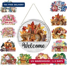 13PCS Interchangeable Seasonal Welcome Sign for Front Door, 12 Inch Rustic Round