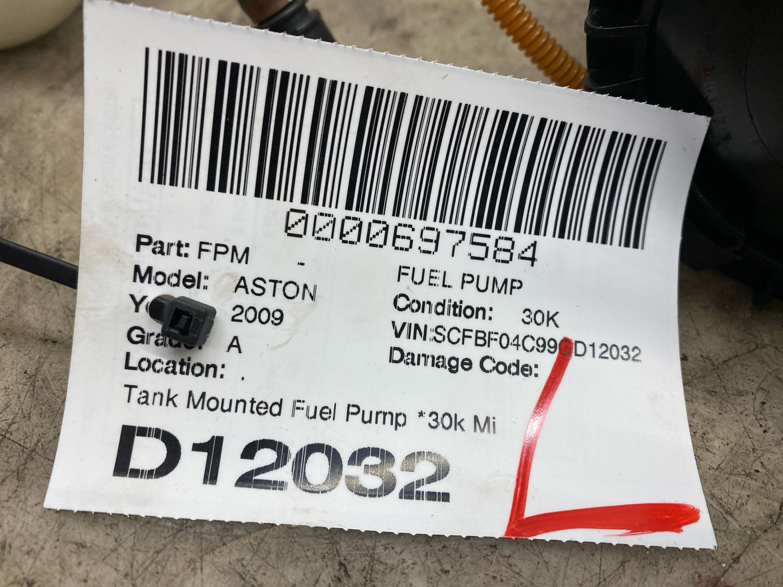 2009 Aston Martin Vantage Tank Mounted Fuel Pump *30k Miles* 6G33-9B260-CA Oem
