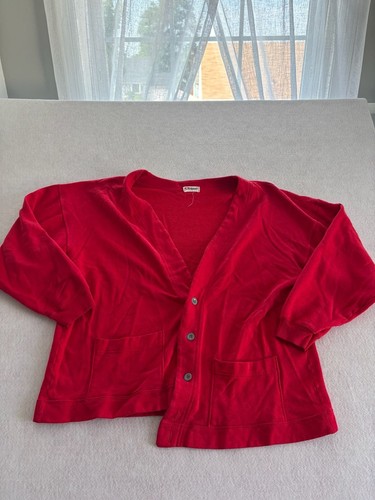 Hanes, 1970s Vintage Hanes Red Fleece Button-Front Cardigan Sweatshirt with Pockets