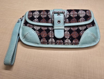Isabella Fiore Women s Geometric Wristlet Wallet Blue Multi Buckle Zipper Strap