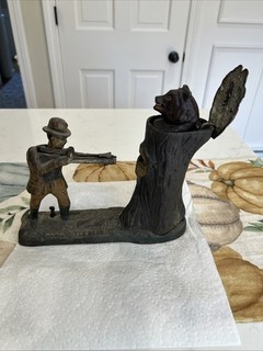CAST IRON MECHANICAL TEDDYY BEAR BANK ORIGINAL