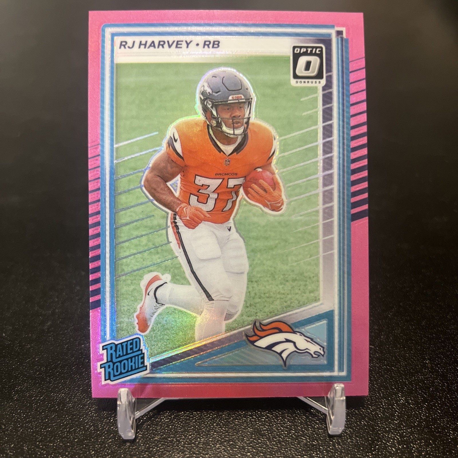2025 Donruss #312 RJ Harvey Rated Rookie Optic Preview Pink Holo (RC)