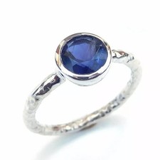 Blue Sapphire Ring Statement Jewelry, Hammered Sterling Silver Band Dainty