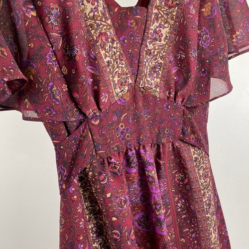 Vintage 90s Midi Dress 6 Burgundy Floral Paisley Tie Back Boho Fairy Grunge - Picture 9 of 15