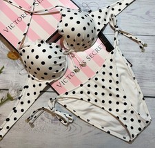Victoria's Secret Swim Tease Ruffle Push-Up Bikini Top Set White Black Dots