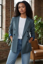 Mango Basics Womens Silky Teal Double-Breasted Blazer Sz S Academia Professional