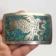VTG Southwestern Artisan Turquoise Inlay Alpaca Bird  Worm Belt Buckle Mexico