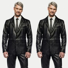 Black Leather Men Suits Regular Fit Business Wedding Groom Prom Tuxedos 2 Pieces
