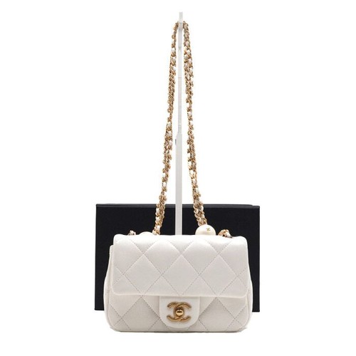 CHANEL Mini Flap Chain Shoulder Bag in White Lamb with Pearl Balls and 156760277
