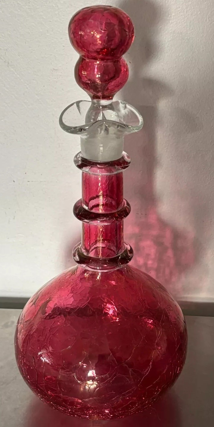 Vntg Crackle Glass Decanter & Stopper Flash Cranberry BLENKO RAINBOW FREE SHIP