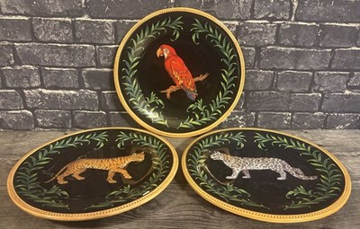 LOT OF 3 RAYMON WAITES SAFARI LEOPARD ROUND 11'' DINNER PLATES LEOPARD TIGER PARR