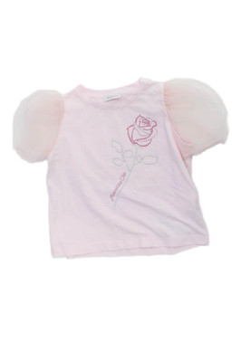 Monnalisa Childrens Girls Jeweled Rose Puffy Short Sleeves Shirt Pink Size 12