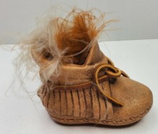 Brown Moccasin Leather Tie Shoe Baby Bootie Fluff 2 3/8" Nursery Decoration
