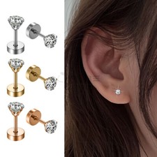 4MM Screw Back Stud Earrings Diamond Cut Cubic Zirconia Surgical Stainless Steel